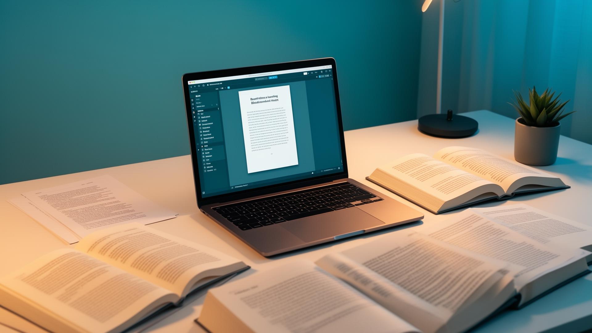 Digital publishing workspace with laptop and books