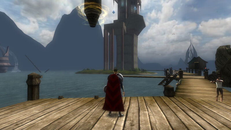A Paladin viewing the docks in the online fantasy world Dungeons and Dragons Online.