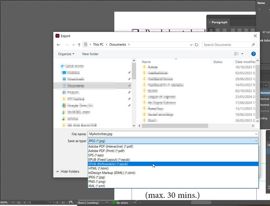 Screenshot of InDesign Export to EPUB feature.